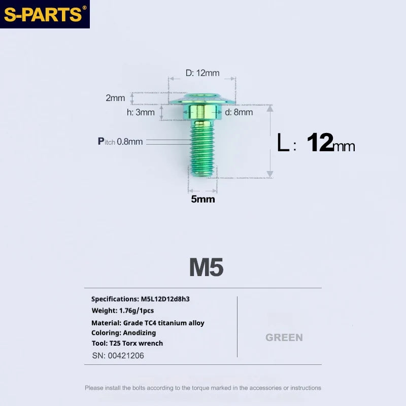 S-PARTS A3 Umbrella Head Step Series M5 Green Titanium Screws for Motorcycles and Cars