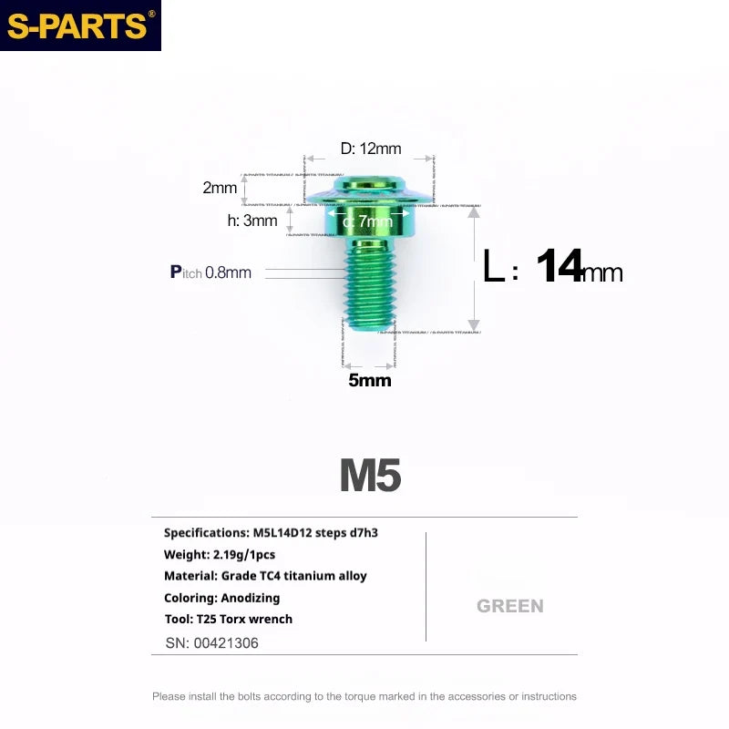 S-PARTS A3 Umbrella Head Step Series M5 Green Titanium Screws for Motorcycles and Cars