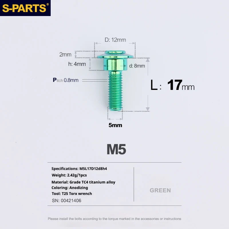 S-PARTS A3 Umbrella Head Step Series M5 Green Titanium Screws for Motorcycles and Cars
