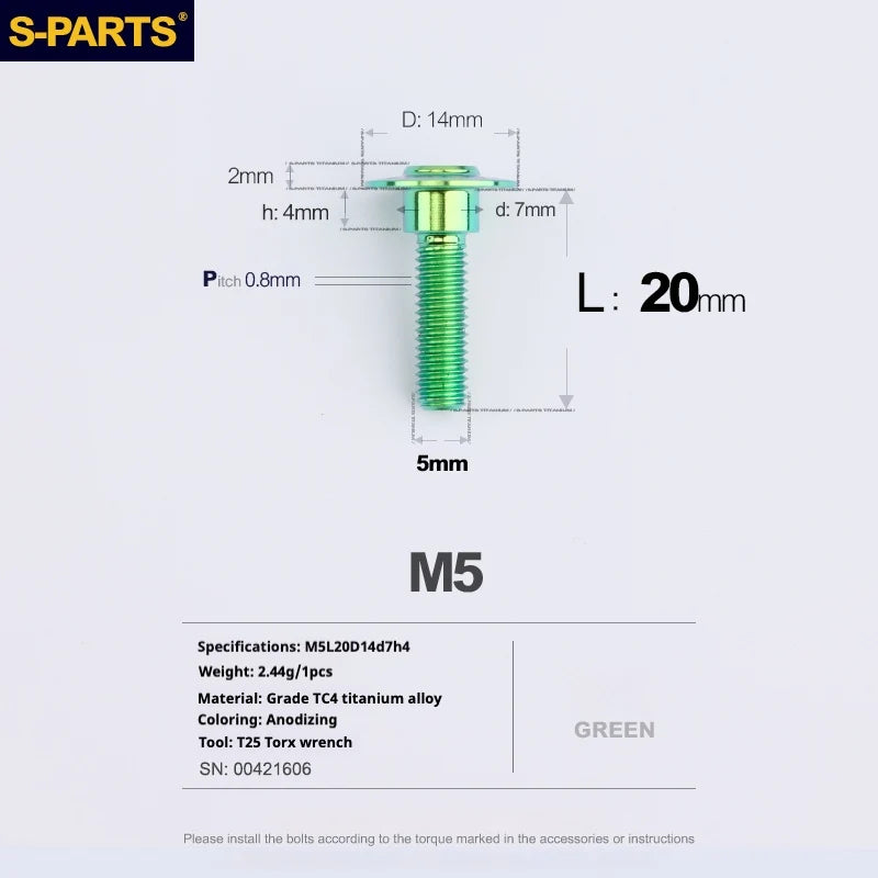 S-PARTS A3 Umbrella Head Step Series M5 Green Titanium Screws for Motorcycles and Cars