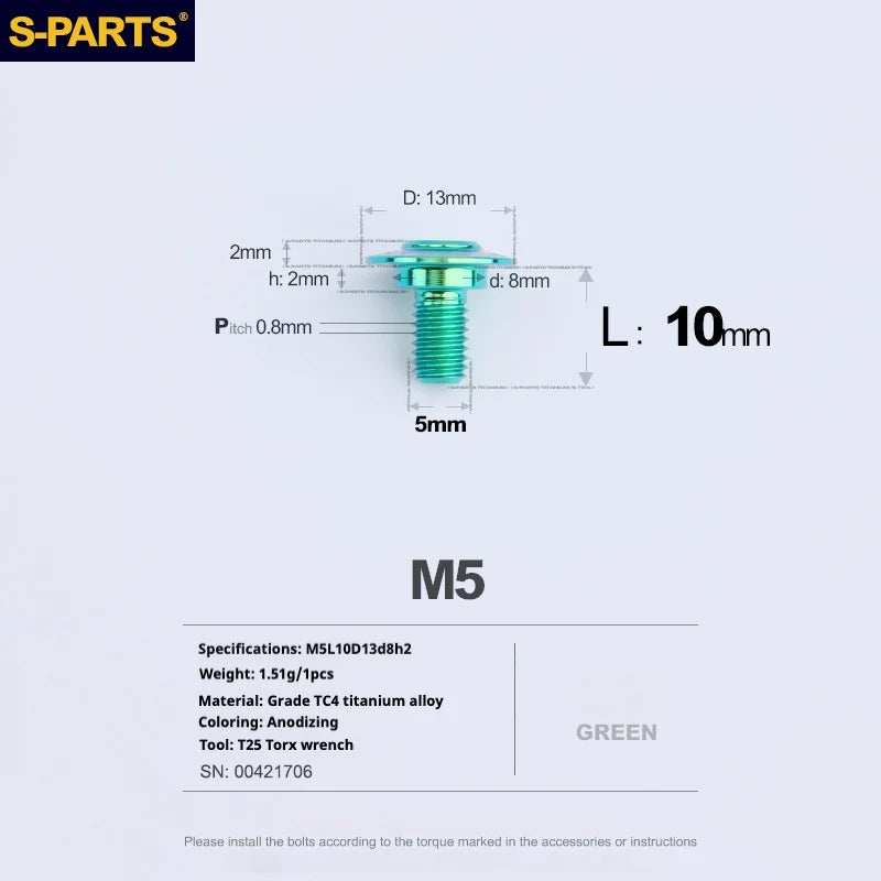 S-PARTS A3 Umbrella Head Step Series M5 Green Titanium Screws for Motorcycles and Cars
