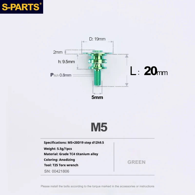 S-PARTS A3 Umbrella Head Step Series M5 Green Titanium Screws for Motorcycles and Cars