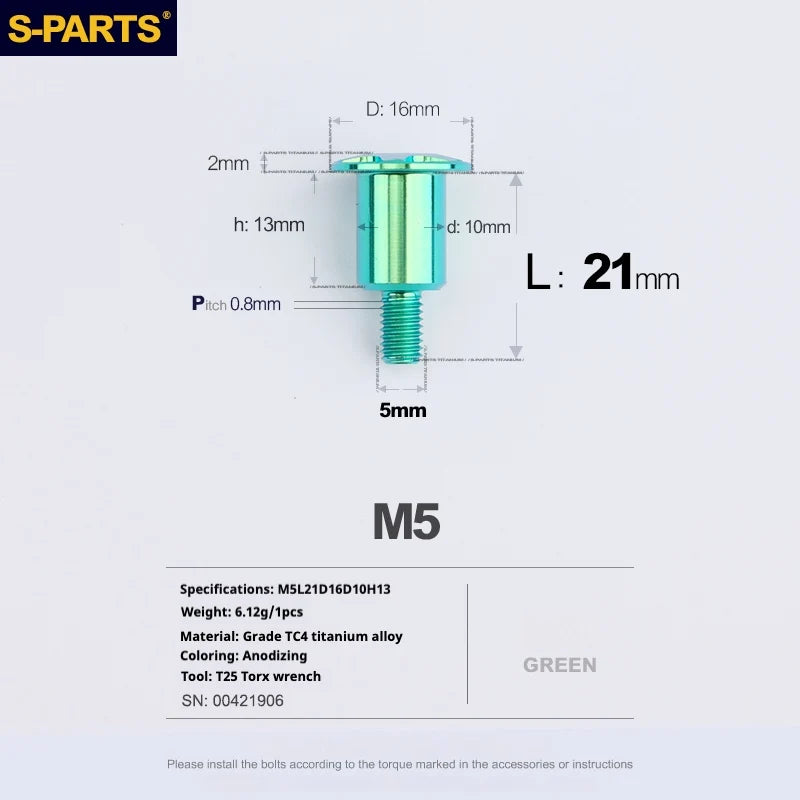 S-PARTS A3 Umbrella Head Step Series M5 Green Titanium Screws for Motorcycles and Cars