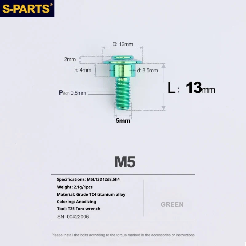 S-PARTS A3 Umbrella Head Step Series M5 Green Titanium Screws for Motorcycles and Cars