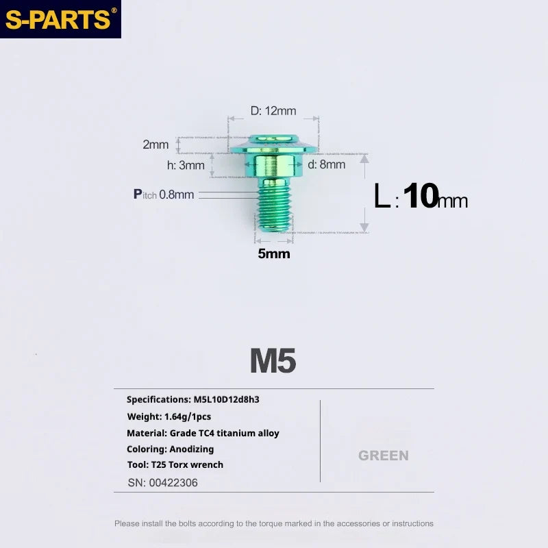 S-PARTS A3 Umbrella Head Step Series M5 Green Titanium Screws for Motorcycles and Cars