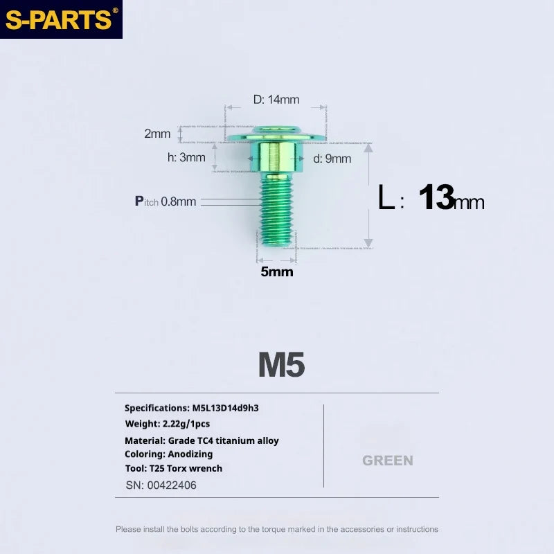 S-PARTS A3 Umbrella Head Step Series M5 Green Titanium Screws for Motorcycles and Cars