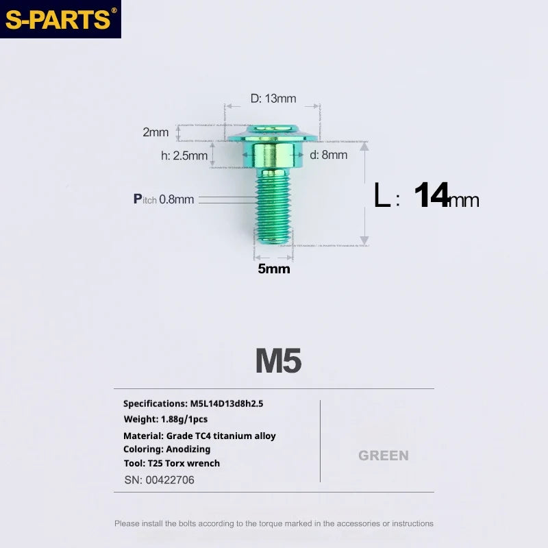 S-PARTS A3 Umbrella Head Step Series M5 Green Titanium Screws for Motorcycles and Cars