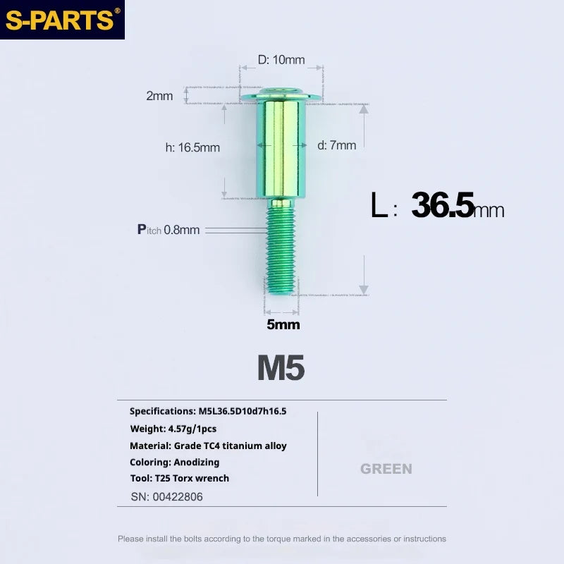 S-PARTS A3 Umbrella Head Step Series M5 Green Titanium Screws for Motorcycles and Cars