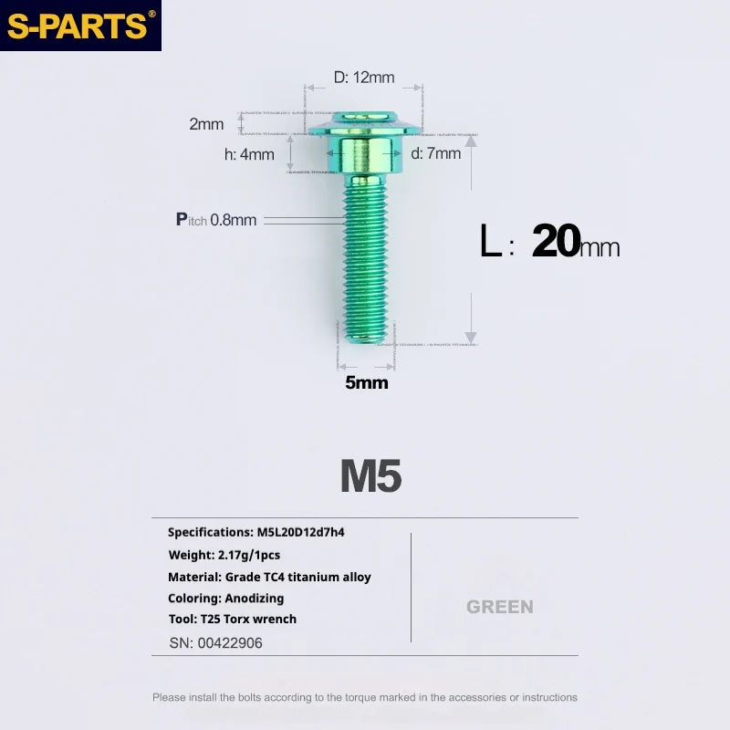 S-PARTS A3 Umbrella Head Step Series M5 Green Titanium Screws for Motorcycles and Cars