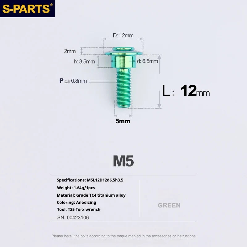 S-PARTS A3 Umbrella Head Step Series M5 Green Titanium Screws for Motorcycles and Cars