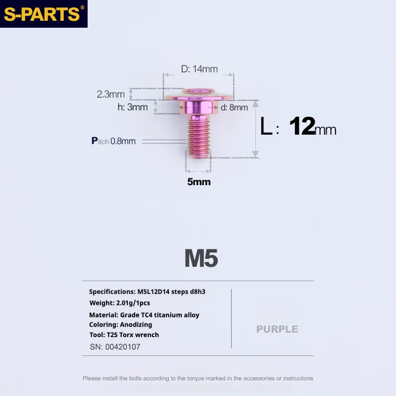 S-PARTS A3 Umbrella Head Step Series M5 Purple Titanium Screws for Motorcycles and Cars