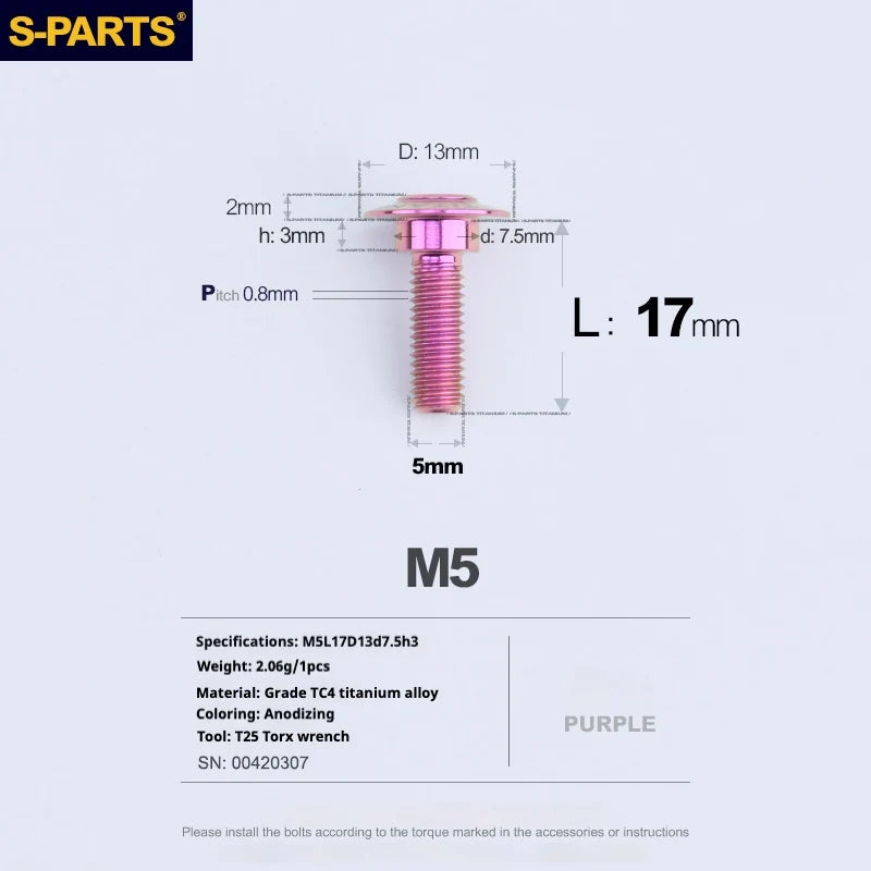 S-PARTS A3 Umbrella Head Step Series M5 Purple Titanium Screws for Motorcycles and Cars