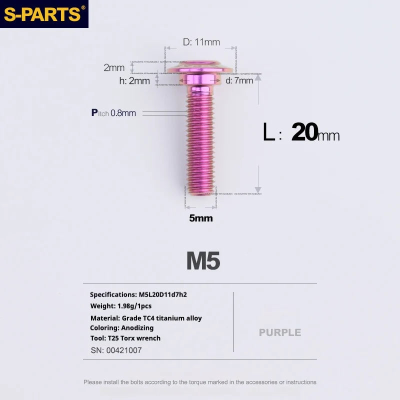 S-PARTS A3 Umbrella Head Step Series M5 Purple Titanium Screws for Motorcycles and Cars