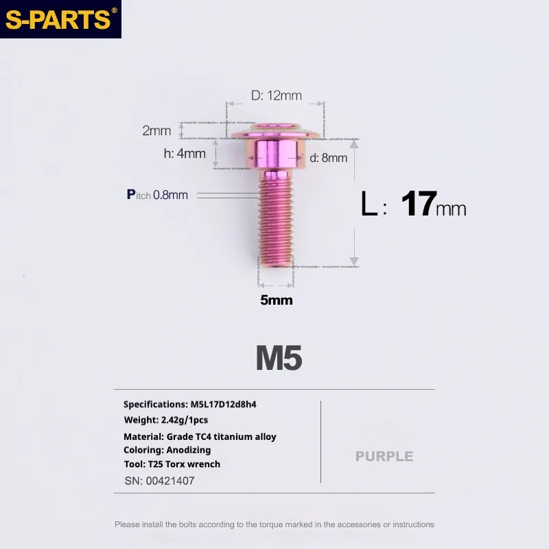 S-PARTS A3 Umbrella Head Step Series M5 Purple Titanium Screws for Motorcycles and Cars