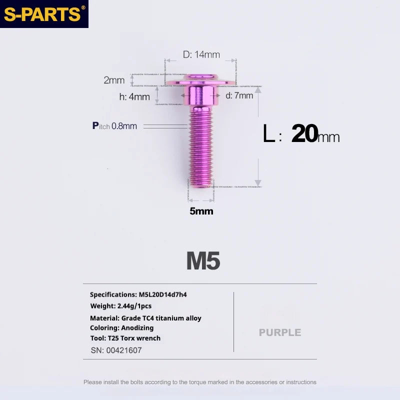 S-PARTS A3 Umbrella Head Step Series M5 Purple Titanium Screws for Motorcycles and Cars