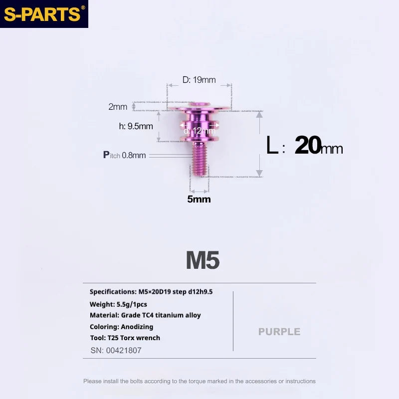 S-PARTS A3 Umbrella Head Step Series M5 Purple Titanium Screws for Motorcycles and Cars