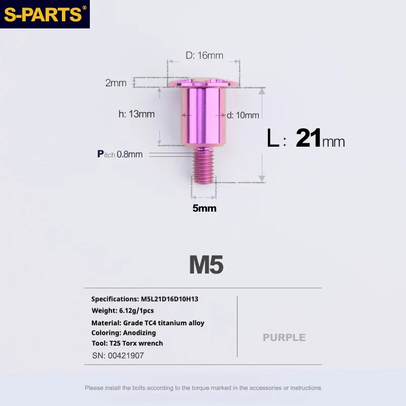S-PARTS A3 Umbrella Head Step Series M5 Purple Titanium Screws for Motorcycles and Cars