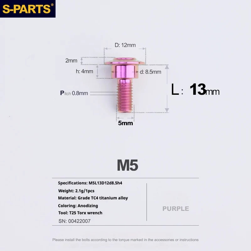 S-PARTS A3 Umbrella Head Step Series M5 Purple Titanium Screws for Motorcycles and Cars