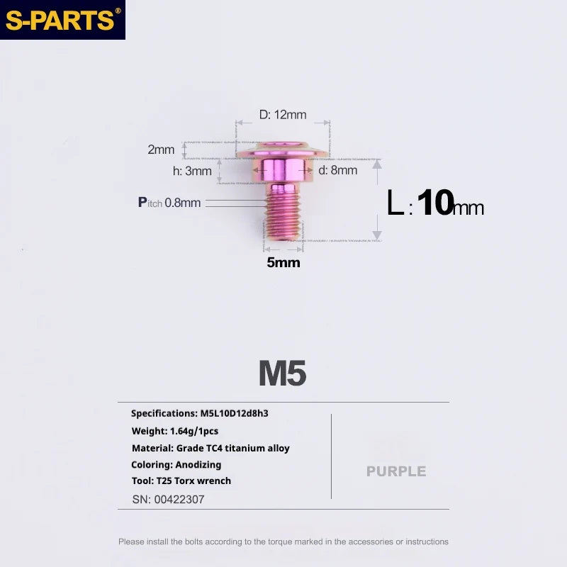 S-PARTS A3 Umbrella Head Step Series M5 Purple Titanium Screws for Motorcycles and Cars