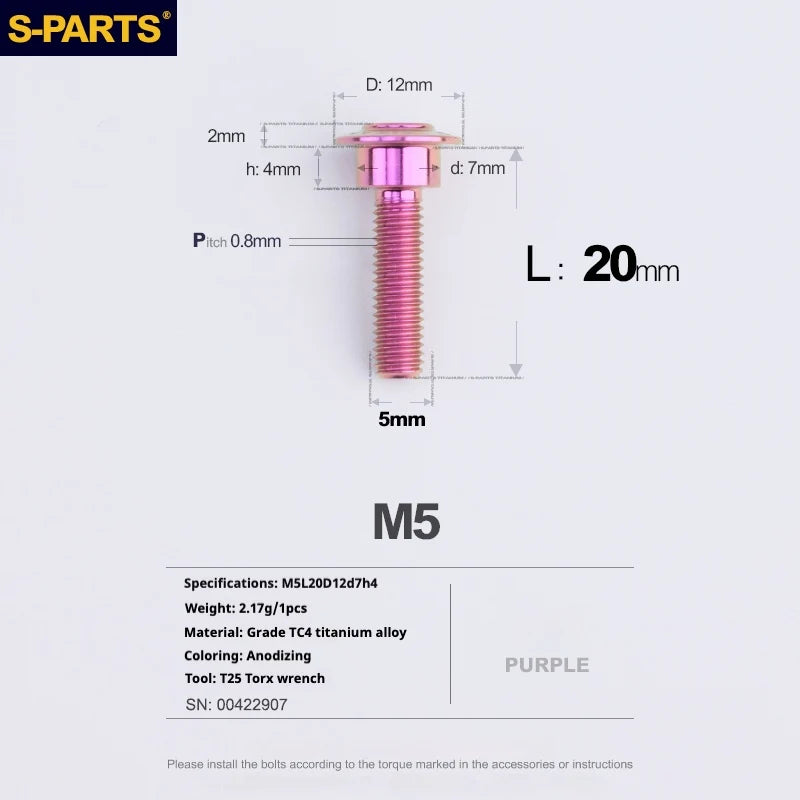 S-PARTS A3 Umbrella Head Step Series M5 Purple Titanium Screws for Motorcycles and Cars