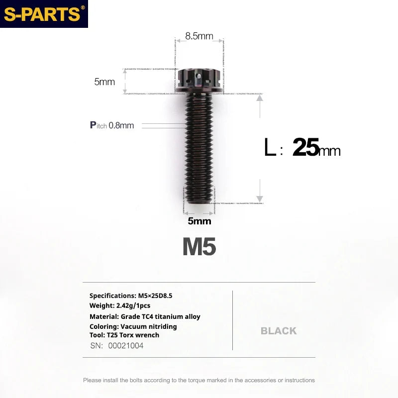 S-PARTS Black A3 Series M5 L06-95mm Titanium Screws for Motorcycles and Cars