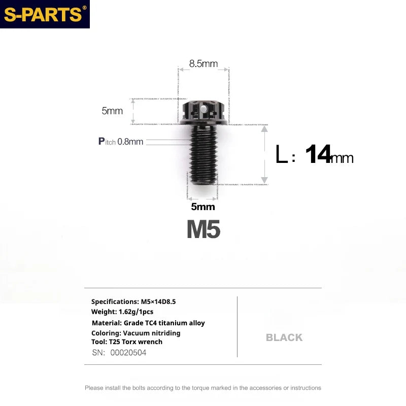 S-PARTS Black A3 Series M5 L06-95mm Titanium Screws for Motorcycles and Cars