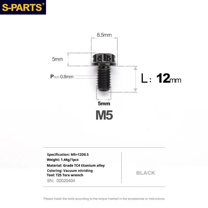 S-PARTS Black A3 Series M5 L06-95mm Titanium Screws for Motorcycles and Cars