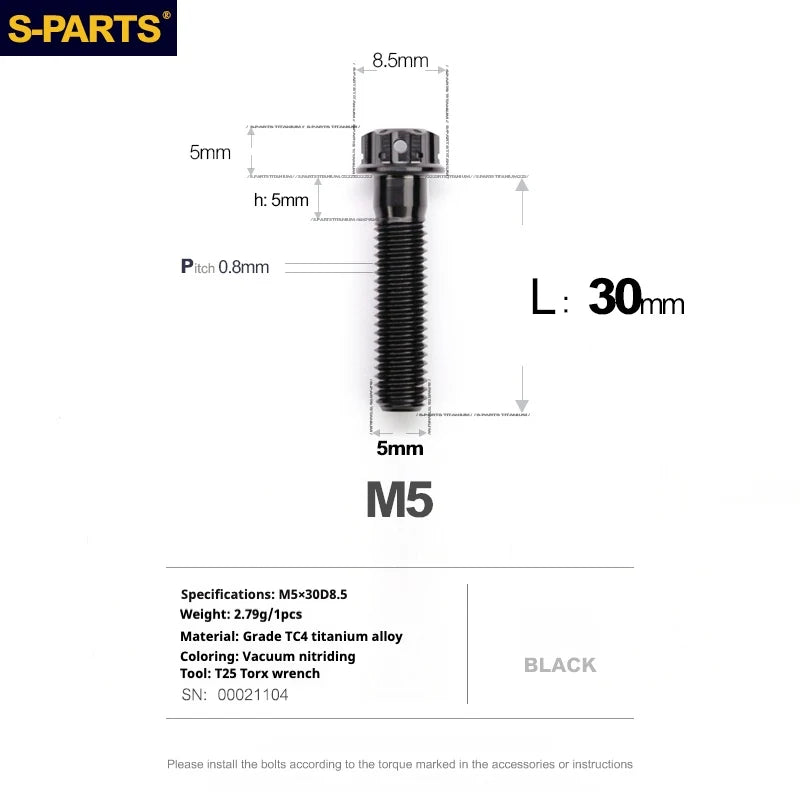 S-PARTS Black A3 Series M5 L06-95mm Titanium Screws for Motorcycles and Cars