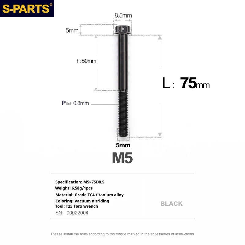 S-PARTS Black A3 Series M5 L06-95mm Titanium Screws for Motorcycles and Cars