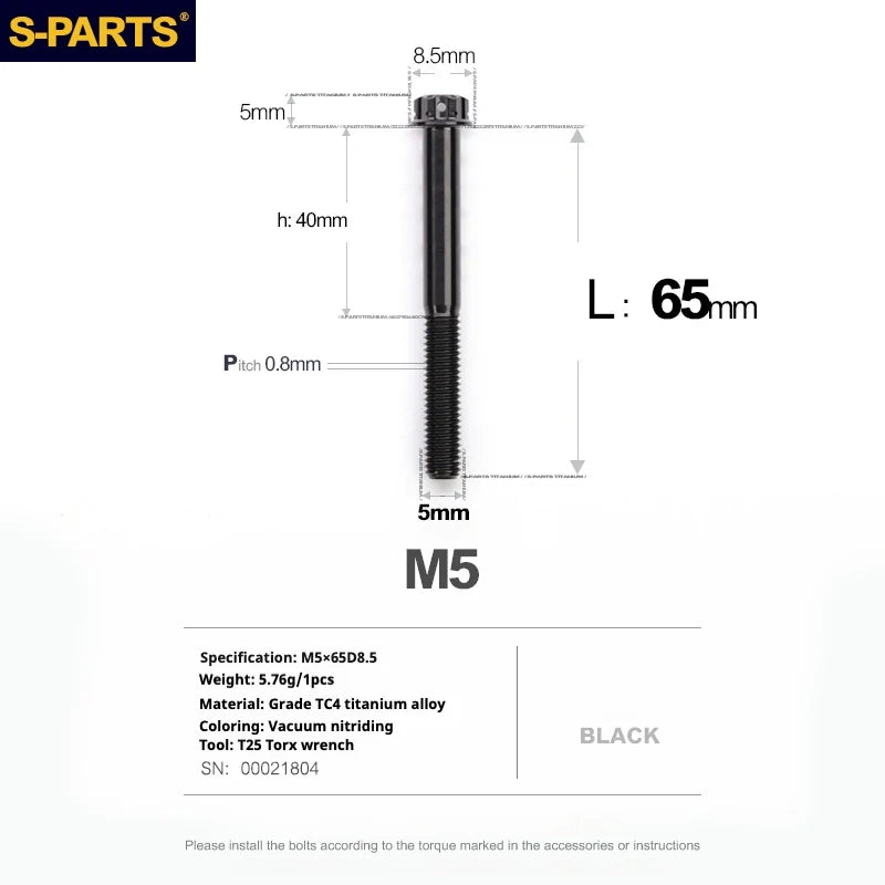S-PARTS Black A3 Series M5 L06-95mm Titanium Screws for Motorcycles and Cars