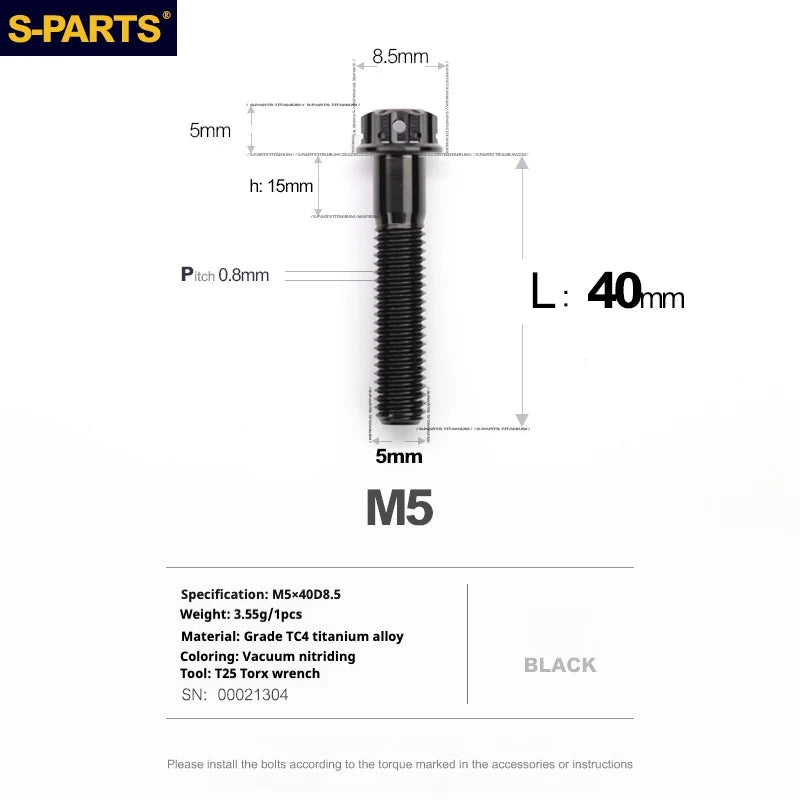 S-PARTS Black A3 Series M5 L06-95mm Titanium Screws for Motorcycles and Cars