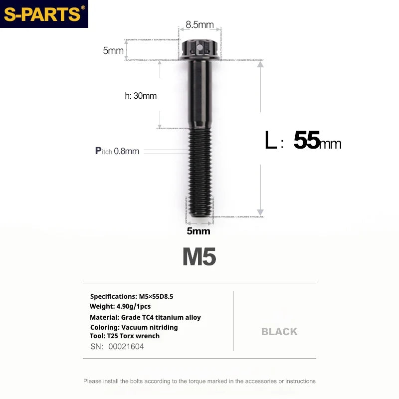 S-PARTS Black A3 Series M5 L06-95mm Titanium Screws for Motorcycles and Cars