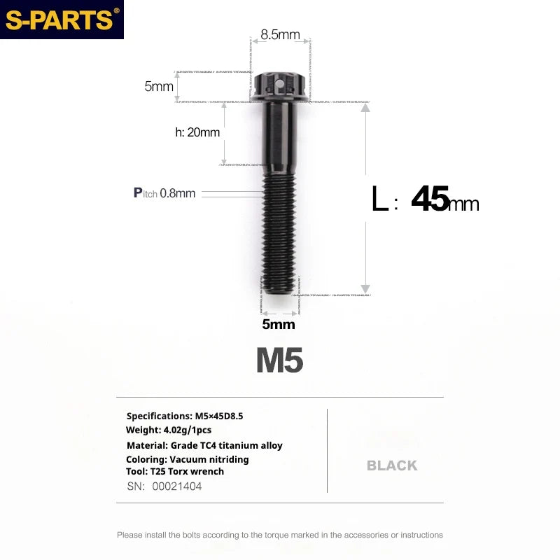 S-PARTS Black A3 Series M5 L06-95mm Titanium Screws for Motorcycles and Cars