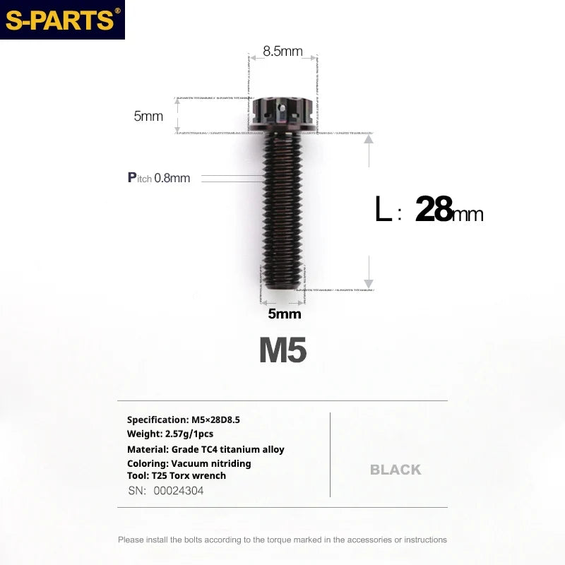 S-PARTS Black A3 Series M5 L06-95mm Titanium Screws for Motorcycles and Cars