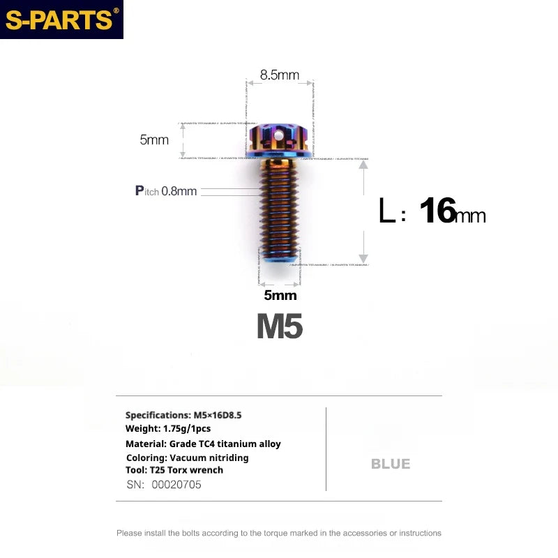 S-PARTS Blue A3 Series M5 L06-95mm Titanium Screws for Motorcycles and Cars