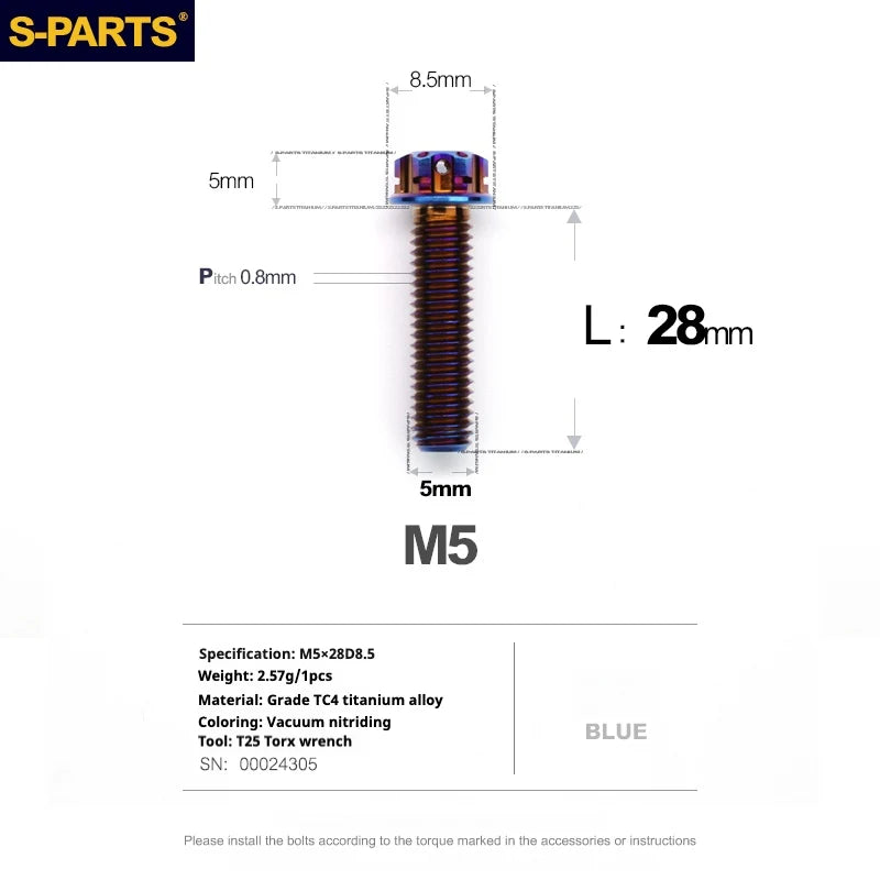 S-PARTS Blue A3 Series M5 L06-95mm Titanium Screws for Motorcycles and Cars