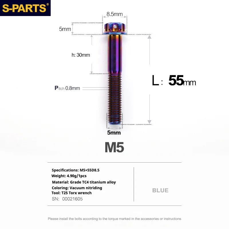S-PARTS Blue A3 Series M5 L06-95mm Titanium Screws for Motorcycles and Cars