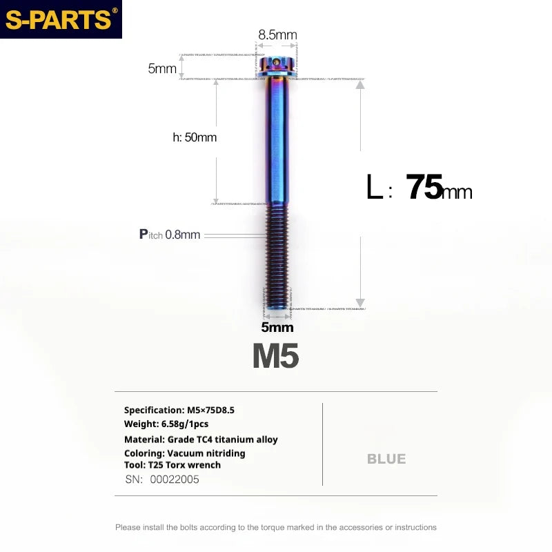 S-PARTS Blue A3 Series M5 L06-95mm Titanium Screws for Motorcycles and Cars