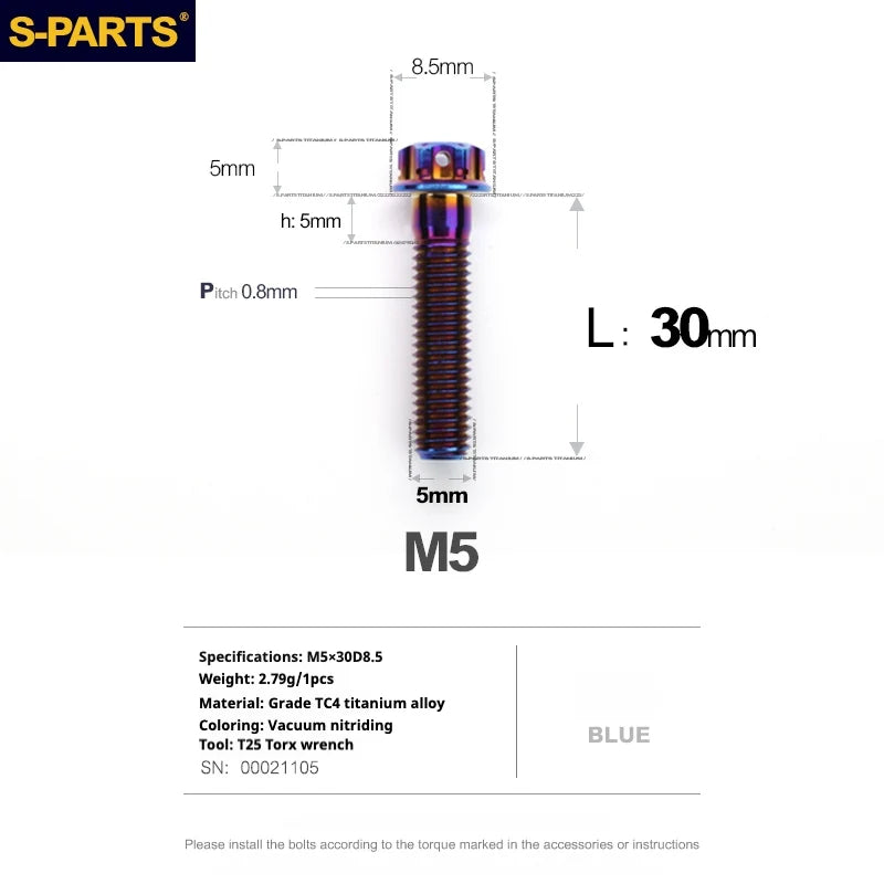 S-PARTS Blue A3 Series M5 L06-95mm Titanium Screws for Motorcycles and Cars