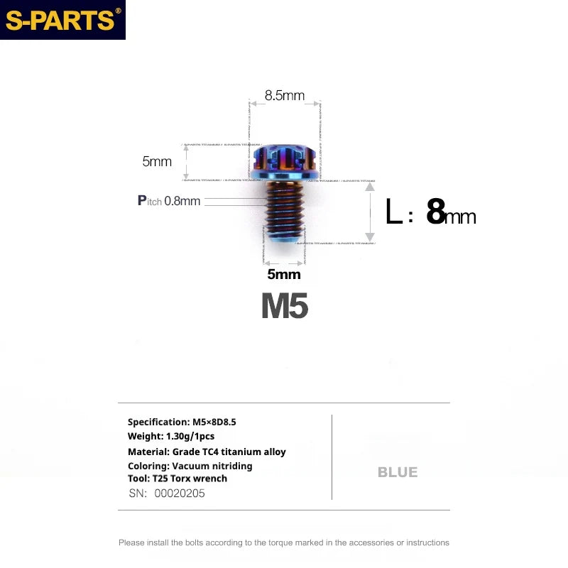 S-PARTS Blue A3 Series M5 L06-95mm Titanium Screws for Motorcycles and Cars