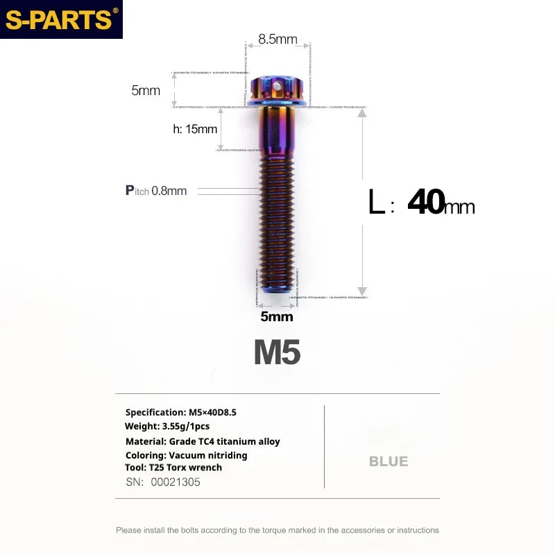 S-PARTS Blue A3 Series M5 L06-95mm Titanium Screws for Motorcycles and Cars