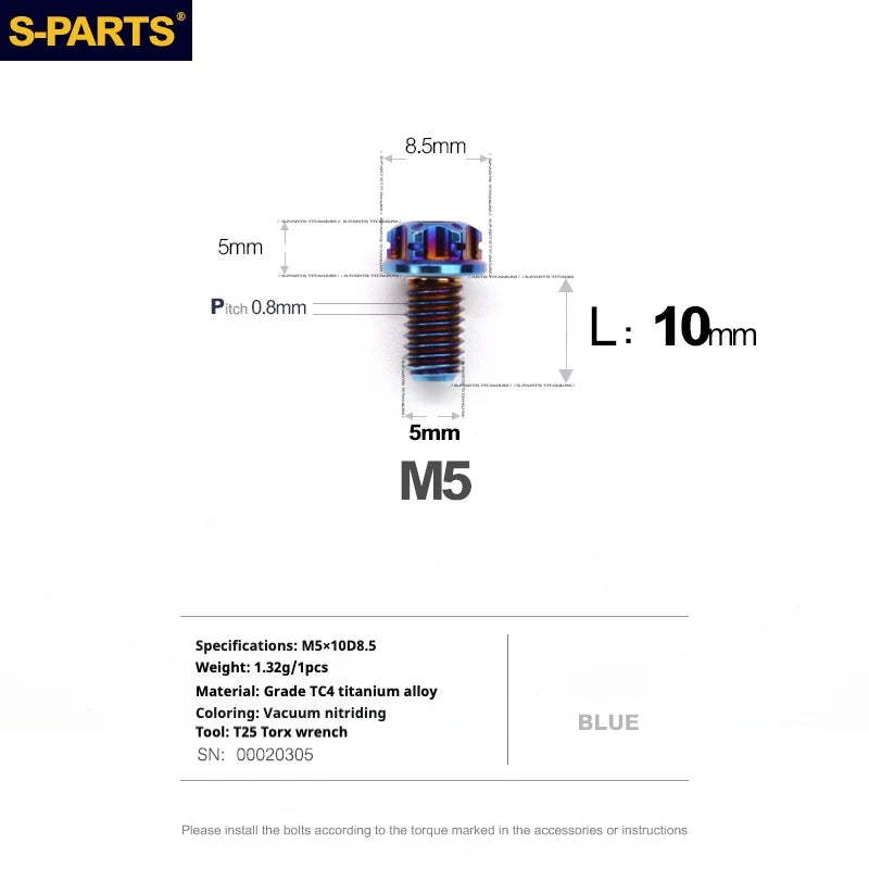 S-PARTS Blue A3 Series M5 L06-95mm Titanium Screws for Motorcycles and Cars