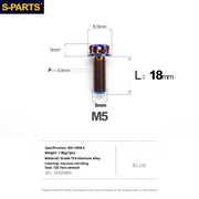 S-PARTS Blue A3 Series M5 L06-95mm Titanium Screws for Motorcycles and Cars