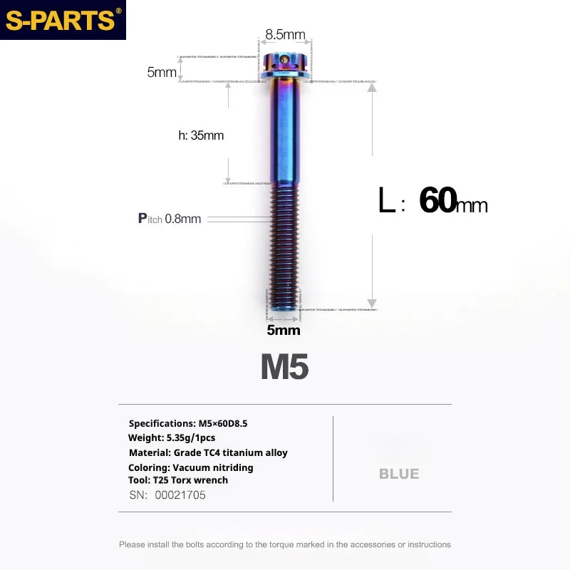 S-PARTS Blue A3 Series M5 L06-95mm Titanium Screws for Motorcycles and Cars