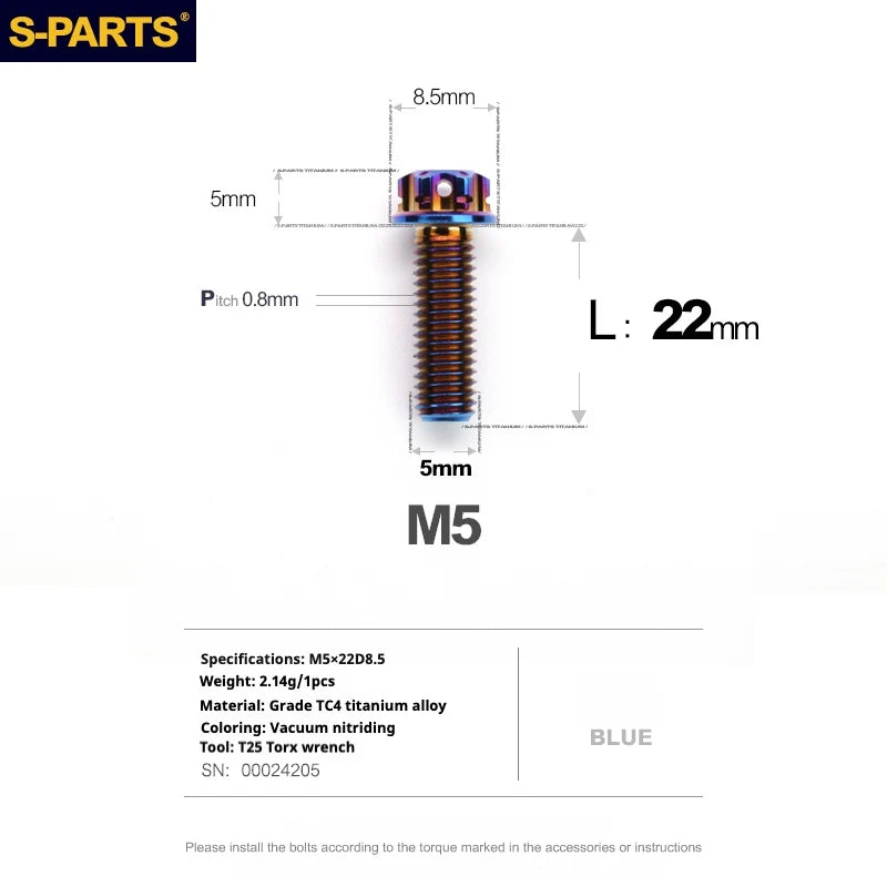 S-PARTS Blue A3 Series M5 L06-95mm Titanium Screws for Motorcycles and Cars