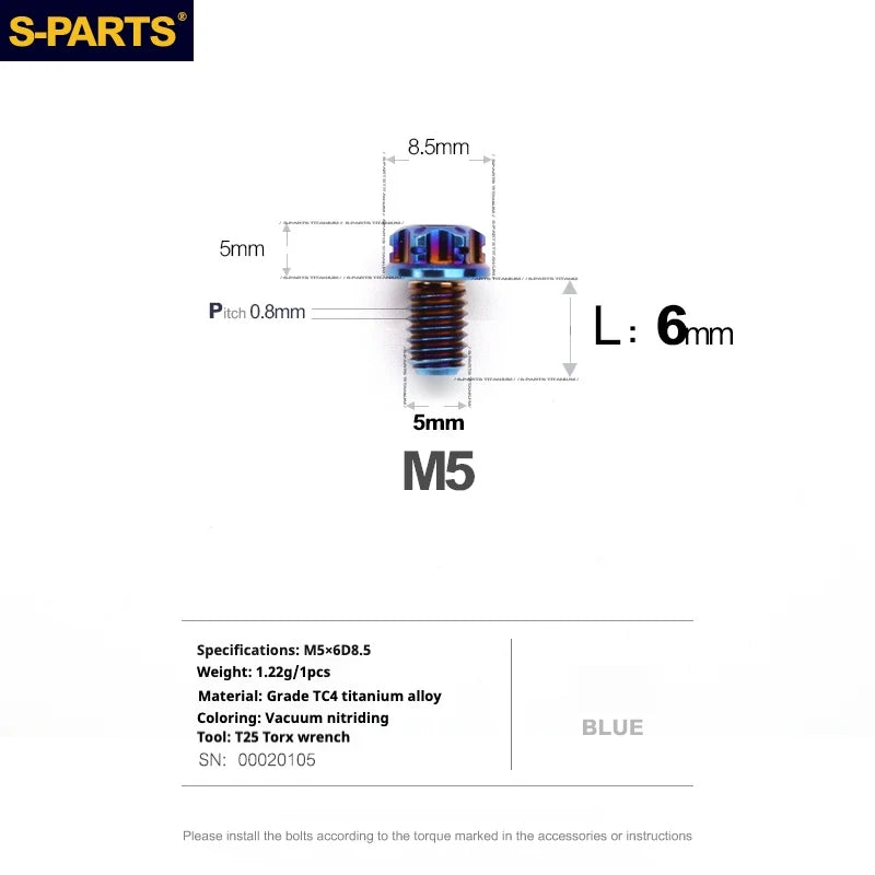 S-PARTS Blue A3 Series M5 L06-95mm Titanium Screws for Motorcycles and Cars