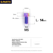 S-PARTS Candy Color A3 Series M5 L06-95mm Titanium Screws for Motorcycles and Cars