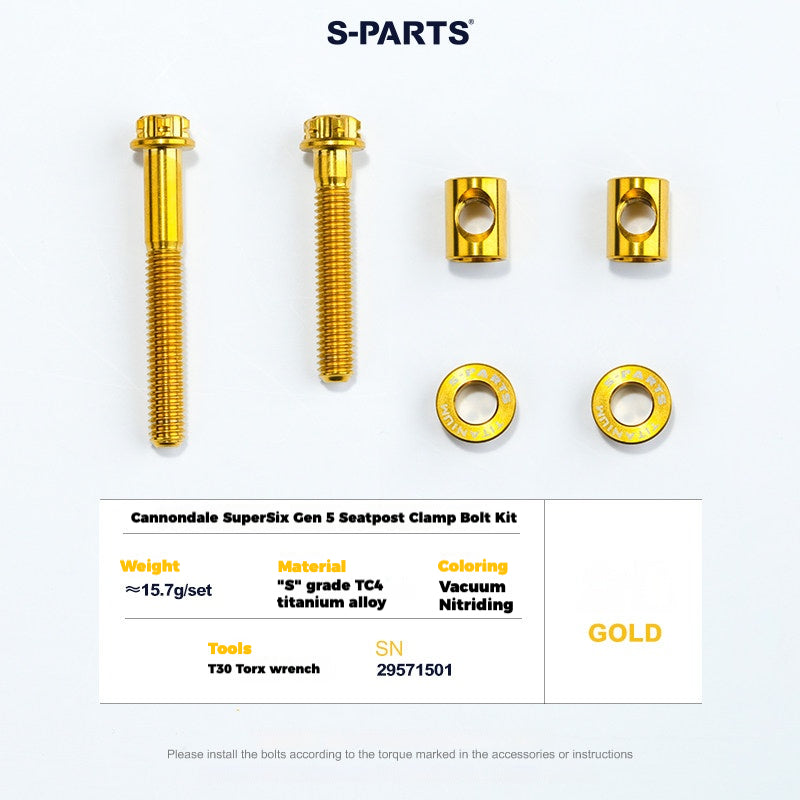 S-PARTS Cannondale SuperSix Gen 5 Titanium Seatpost Clamp Bolt Kit — TC4 Gold