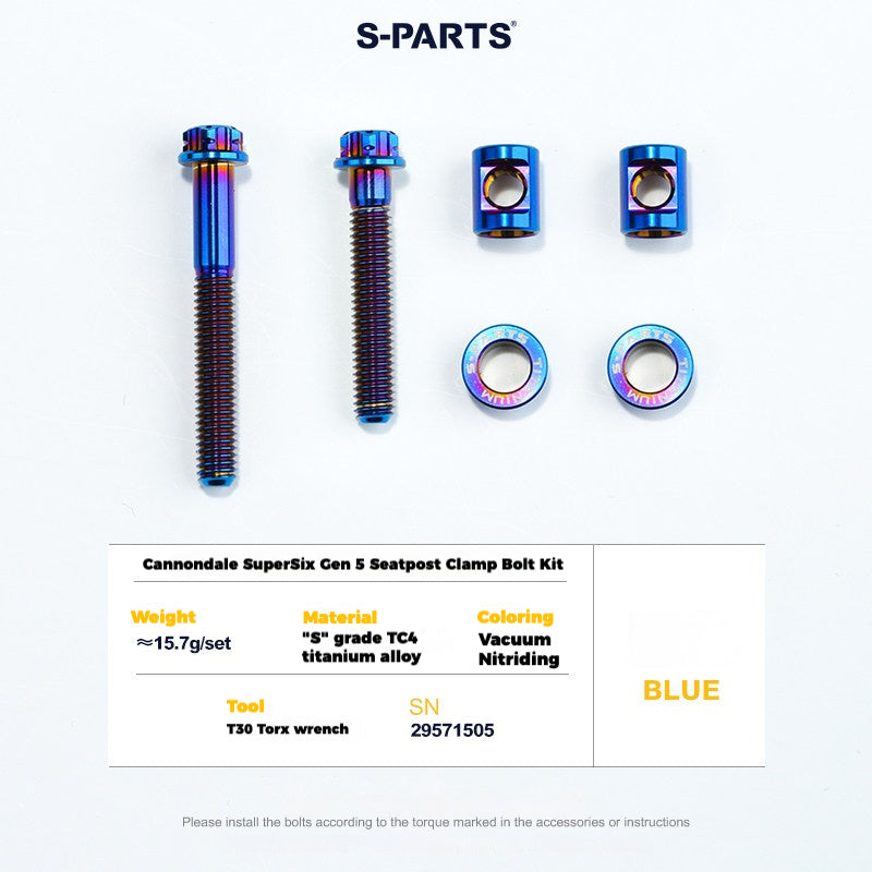 S-PARTS Cannondale SuperSix Gen 5 Titanium Seatpost Clamp Bolt Kit — TC4 Blue