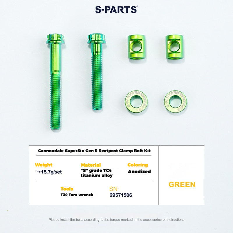 S-PARTS Cannondale SuperSix Gen 5 Titanium Seatpost Clamp Bolt Kit — TC4 Green